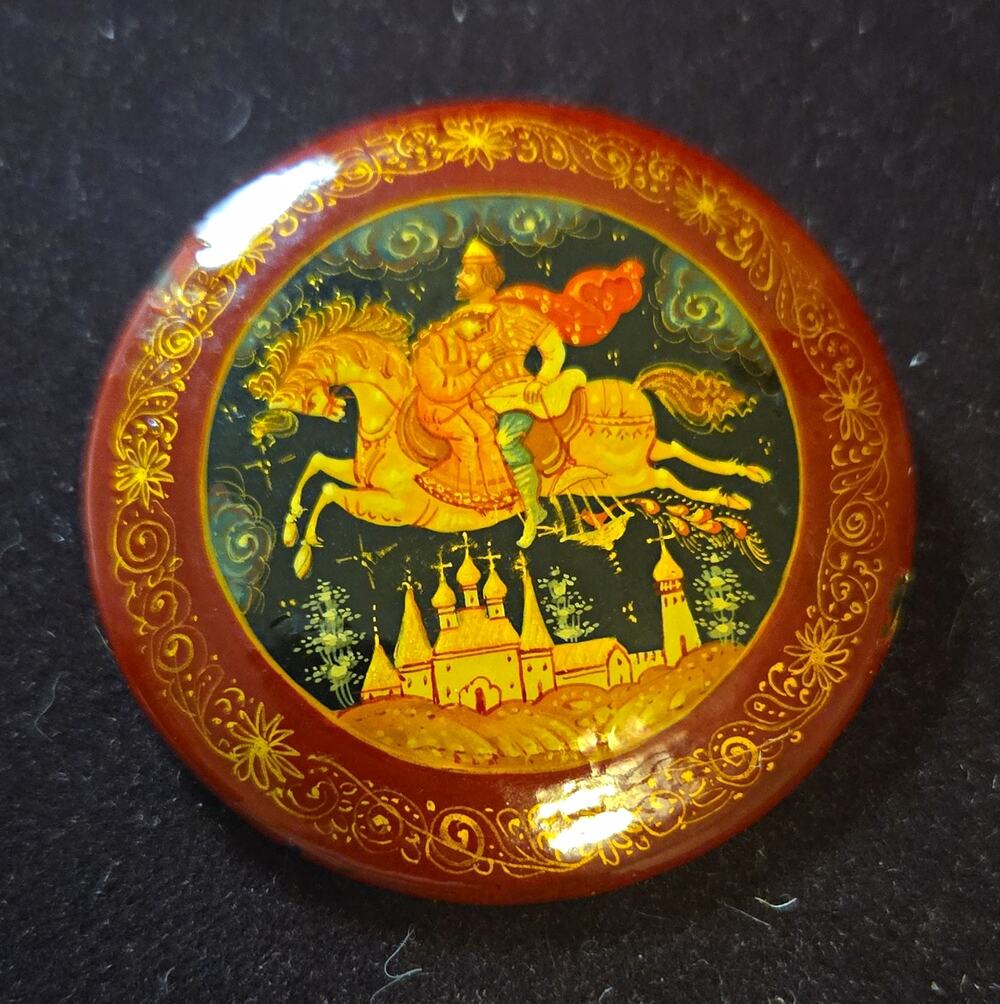 Vintage Russian Mstera Lacquer Brooch Pin Fairy Tale Signed Shmelkova Folk Art